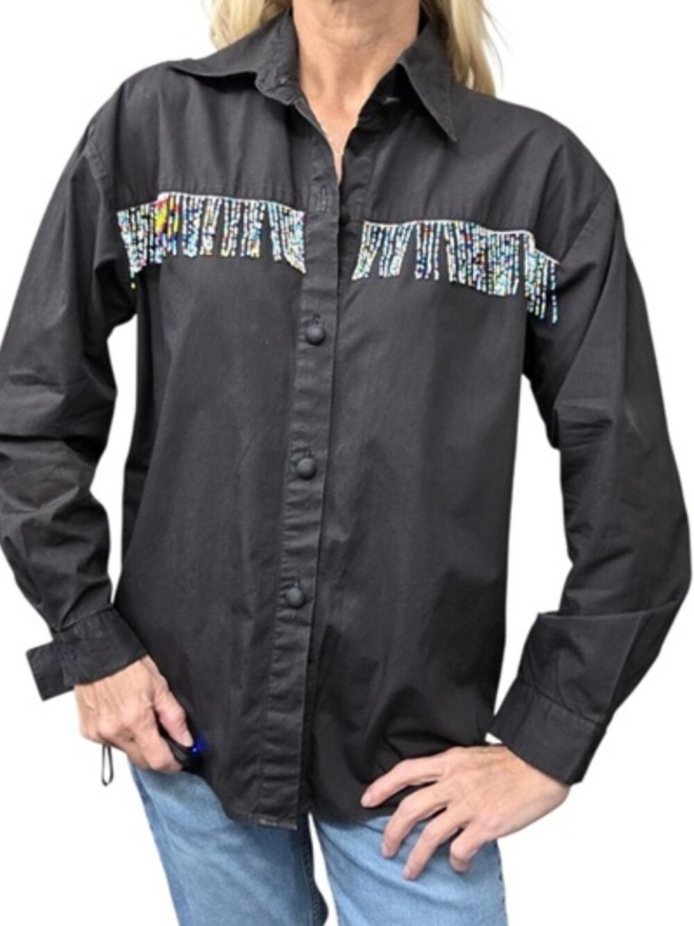 Vintage 80s Beaded Fringe Western Shirt Black Cotton USA Small